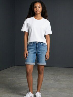 DKNY Jeans Woman's Cuffed Mid-Rise Denim Bermuda Shorts